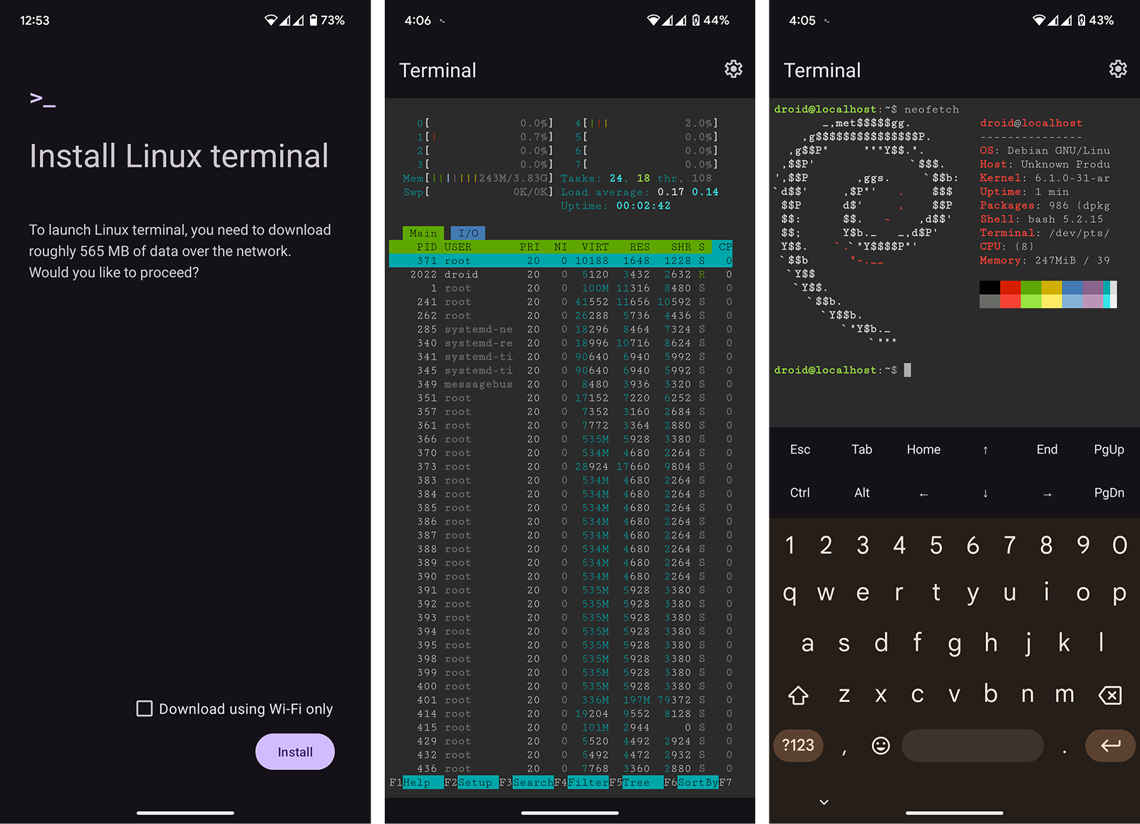 Screenshots from Android Native Linux Terminal