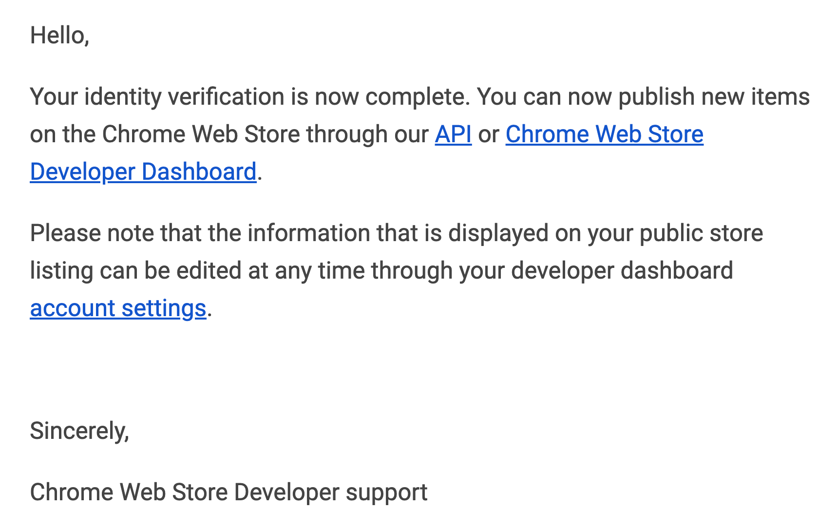 Chrome Webstore verification confirmation email