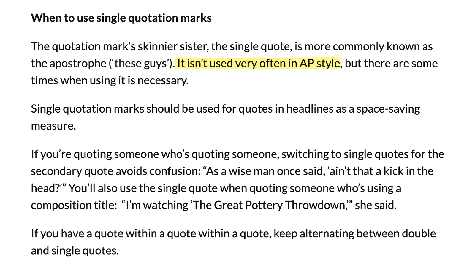 Screenshot from the AP Stylebook showing quotation mark rules
