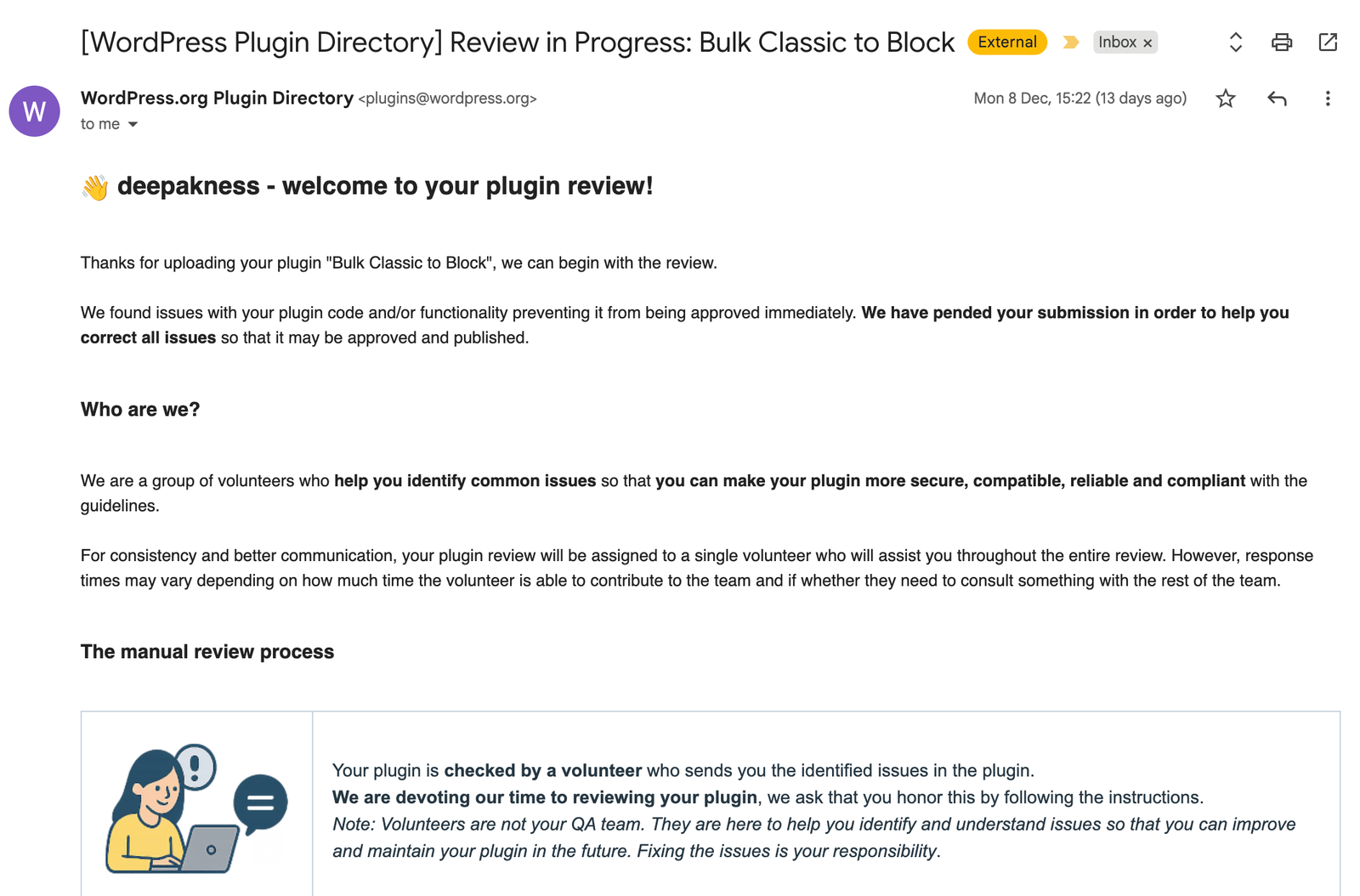 WordPress plugin checked by a volunteer