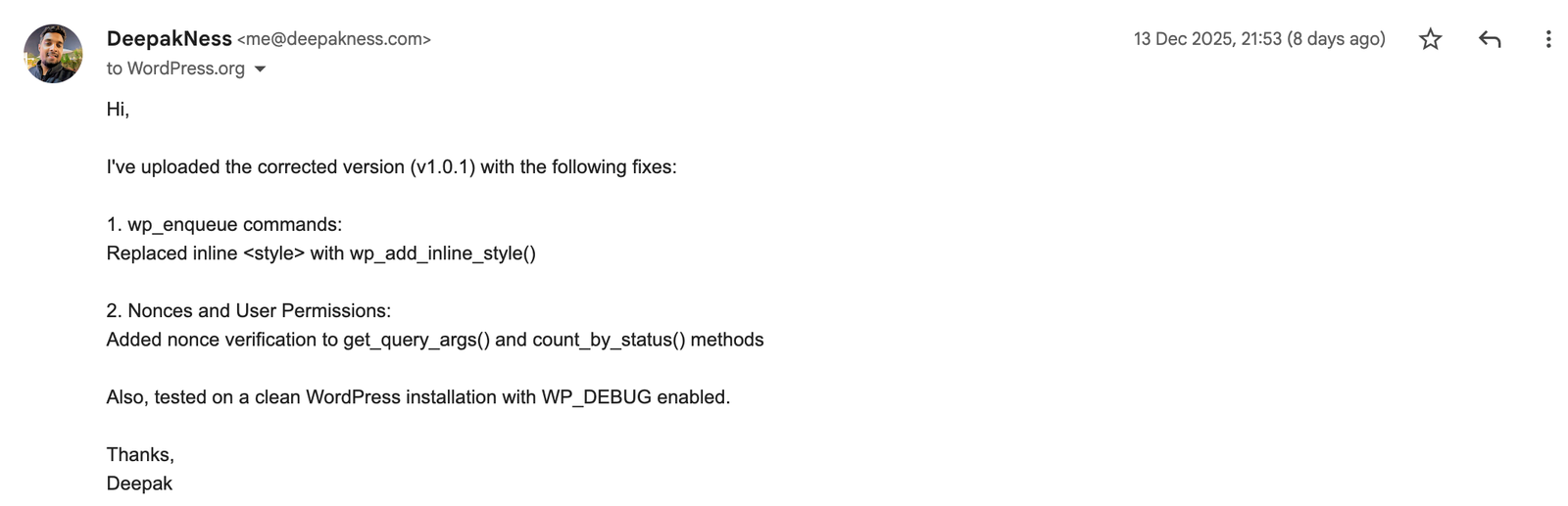 Updated the WordPress plugin and sent this confirmation email
