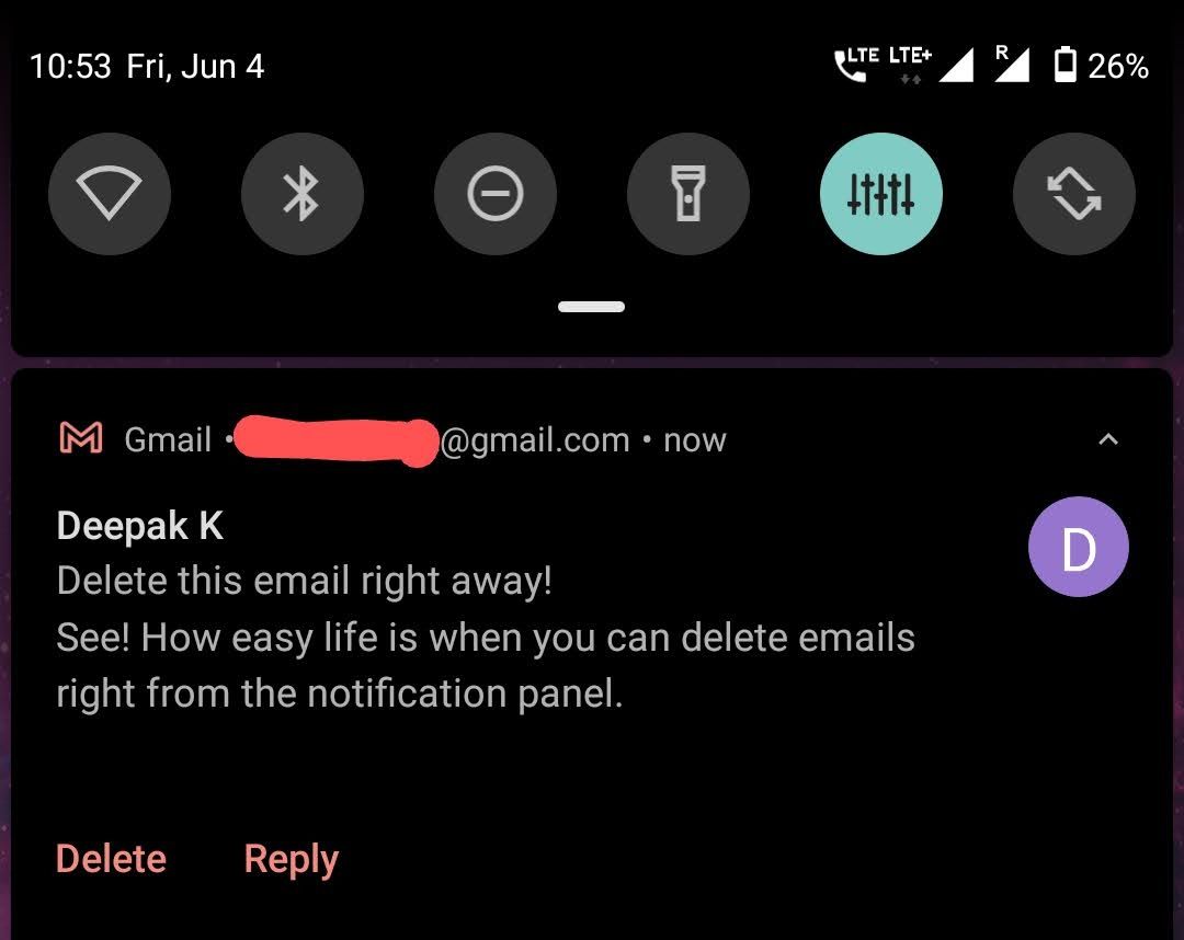 Gmail App Hack to delete emails directly from the notification panel