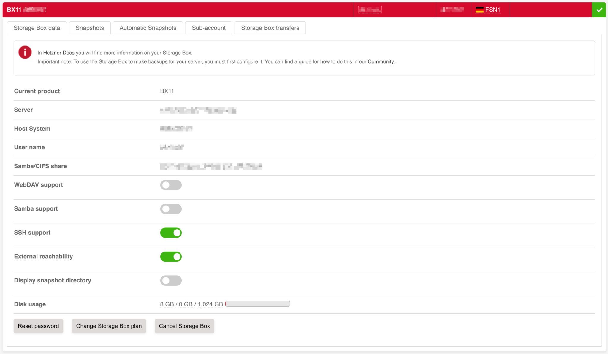 Hetzner Storage Box Settings