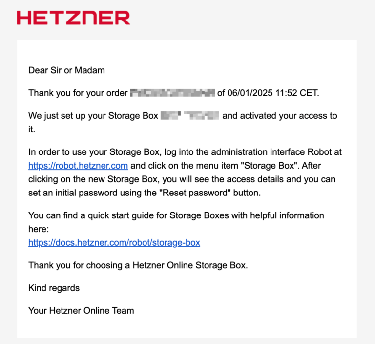 Hetzner Storage Box Confirmation Email