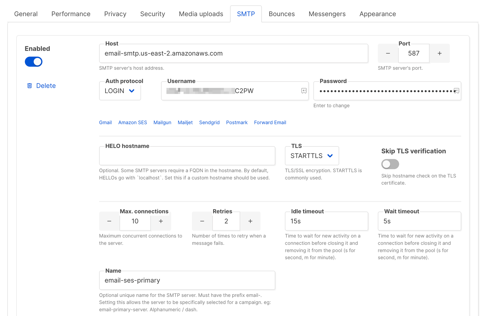 Listmonk SMTP settings