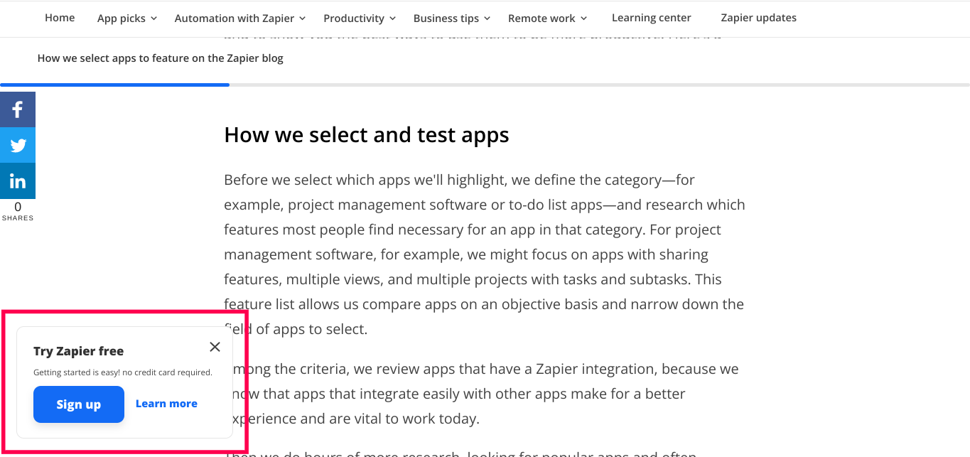 Slide-in Popup on Zapier Blog