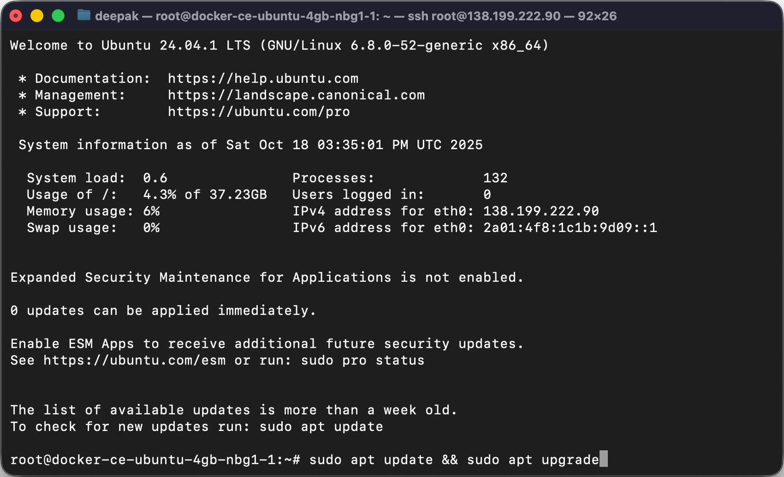 Update and upgrade the Hetzner server