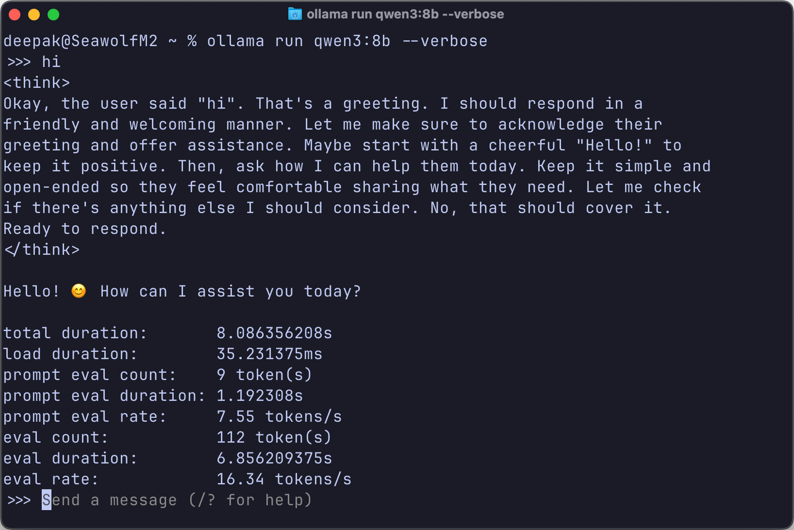 Running Qwen3-8B model via Ollama