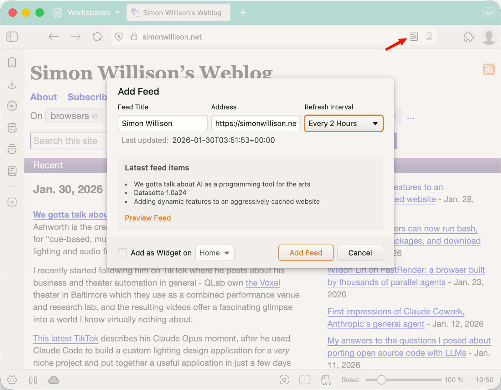RSS feed support in Vivaldi