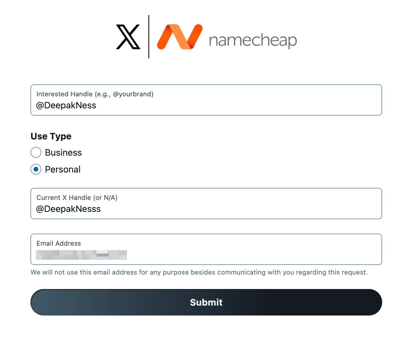 Namecheap handle request page on X