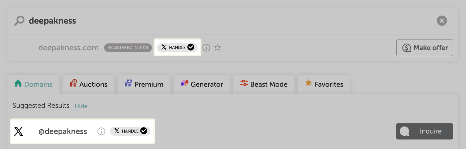 Namecheap shows inactive X handles to get